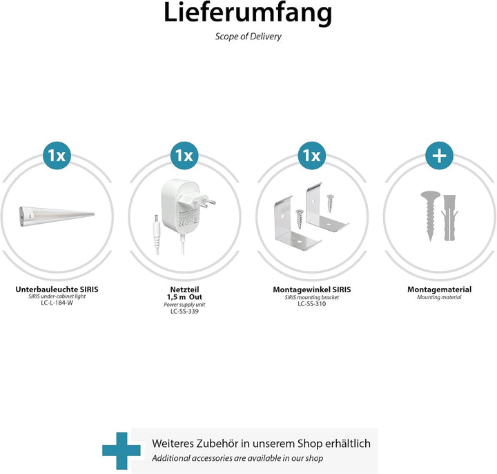 ledscom.de LED Unterbau-Leuchte SIRIS weiss matt mit Netzteil, Eckmontage, flach, 90cm, 1044lm, weis