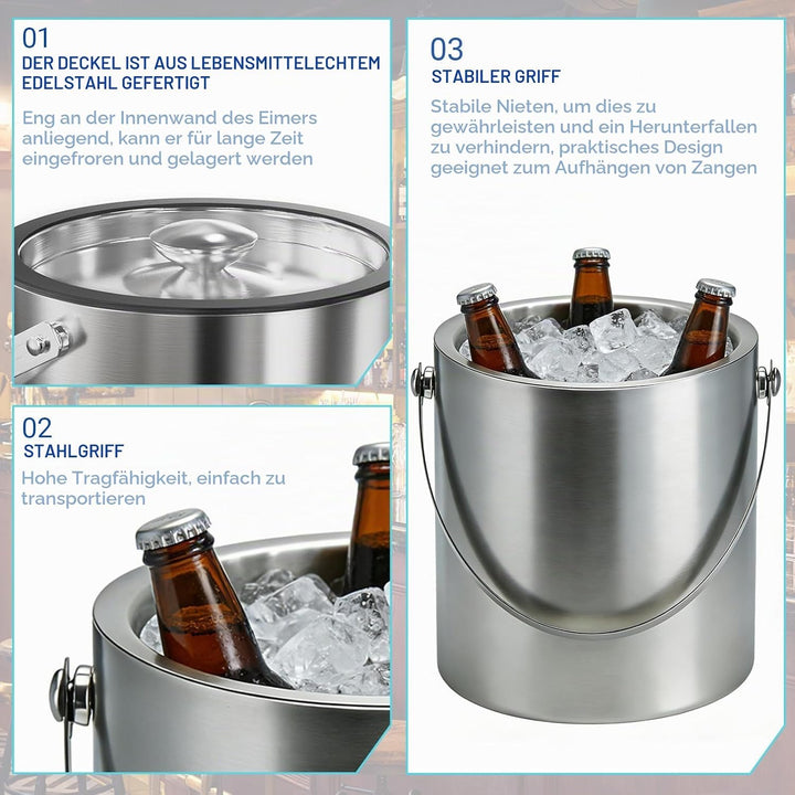 Eiswürfelbehälter mit Deckel, Sieb und Zange, Edelstahl Eiskübel Doppelwandiger Isolierter Eisbehält