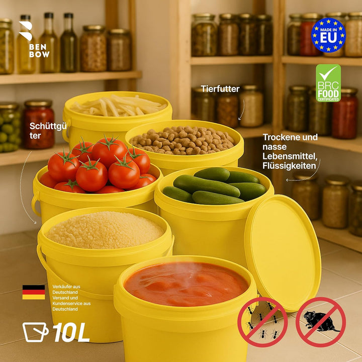 BenBow Eimer mit Deckel 10l gelb 10x 10 Liter - lebensmittelecht, stabil, luftdicht, auslaufsicher,
