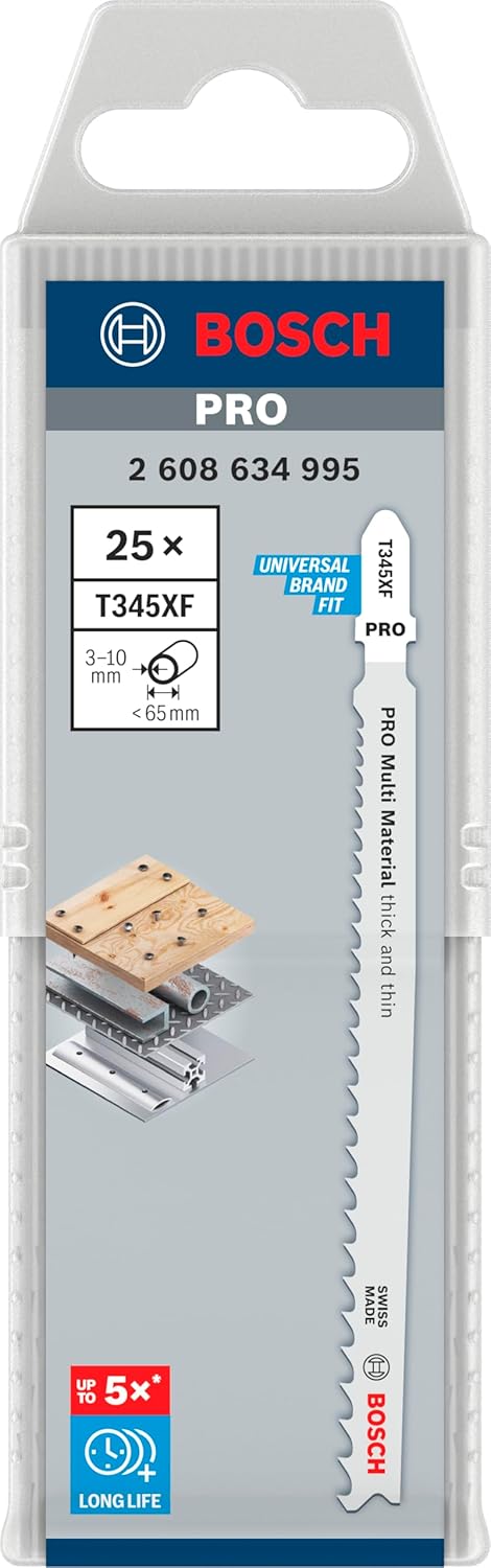 Bosch 25x PRO Thick and Thin Multi Material T345XF Stichsägeblatt (für Holz mit Nägeln, Stahl, Länge