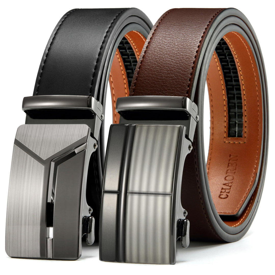 CHAOREN Gürtel Herren 2er-Pack, 35mm Automatik Ledergürtel mit Ratsche - Passgenau Zuschneidbar, Ide