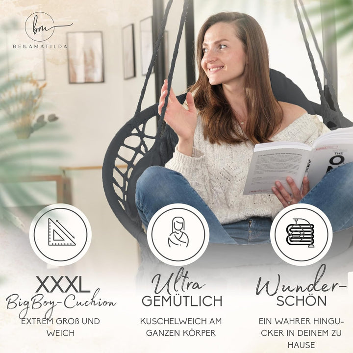 BELLAMATILDA® Hängesessel mit XXXL Kissen 100% Baumwolle | Weicher Hängestuhl Outdoor & Indoor | Hän