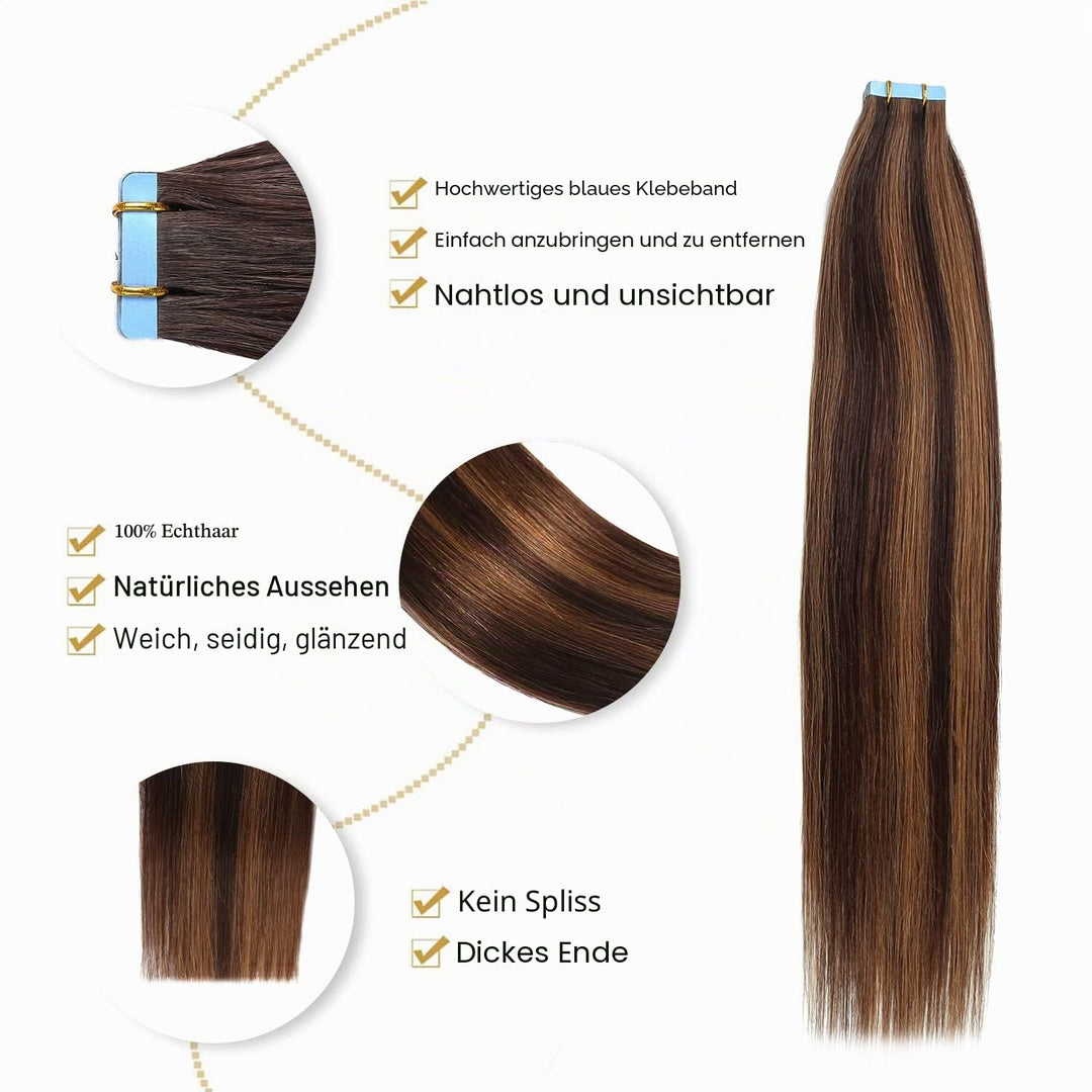 YILITE Tape Extensions Echthaar, T2/P2/6 45cm 20 Stück/Packung 50g Tape in Extensions Echthaar Invis
