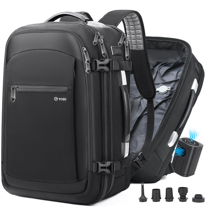 Vakuum Rucksack Handgepäck, 60L Erweiterbarer Reiserucksack mit Kompression & Luftpumpe, Airbag Ruck