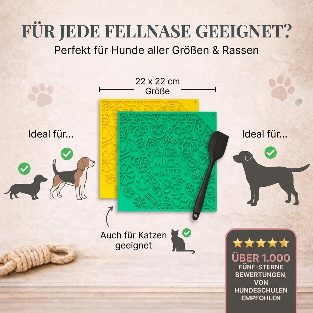 HUND IST KÖNIG® Leckmatte Hund mit patentierter Struktur + Saugnäpfe, Schleckmatte Hund 22x22cm [2 S