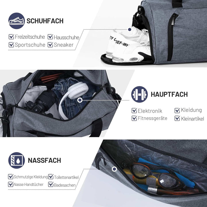 Sporttaschen für Damen und Herren, 35L Reisetasche Duffel Bag Übernachtungstasche mit Schuhfach &amp; Na