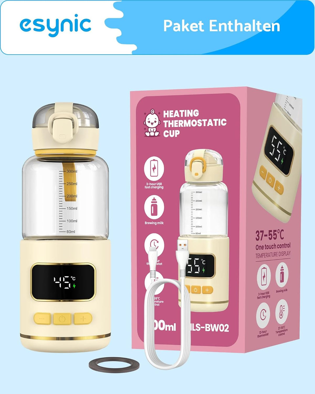 eSynic Babyflaschenwärmer 300ml Kapazität 15000mAh Akku Tragbarer Flaschenwärmer Temperaturregelung3