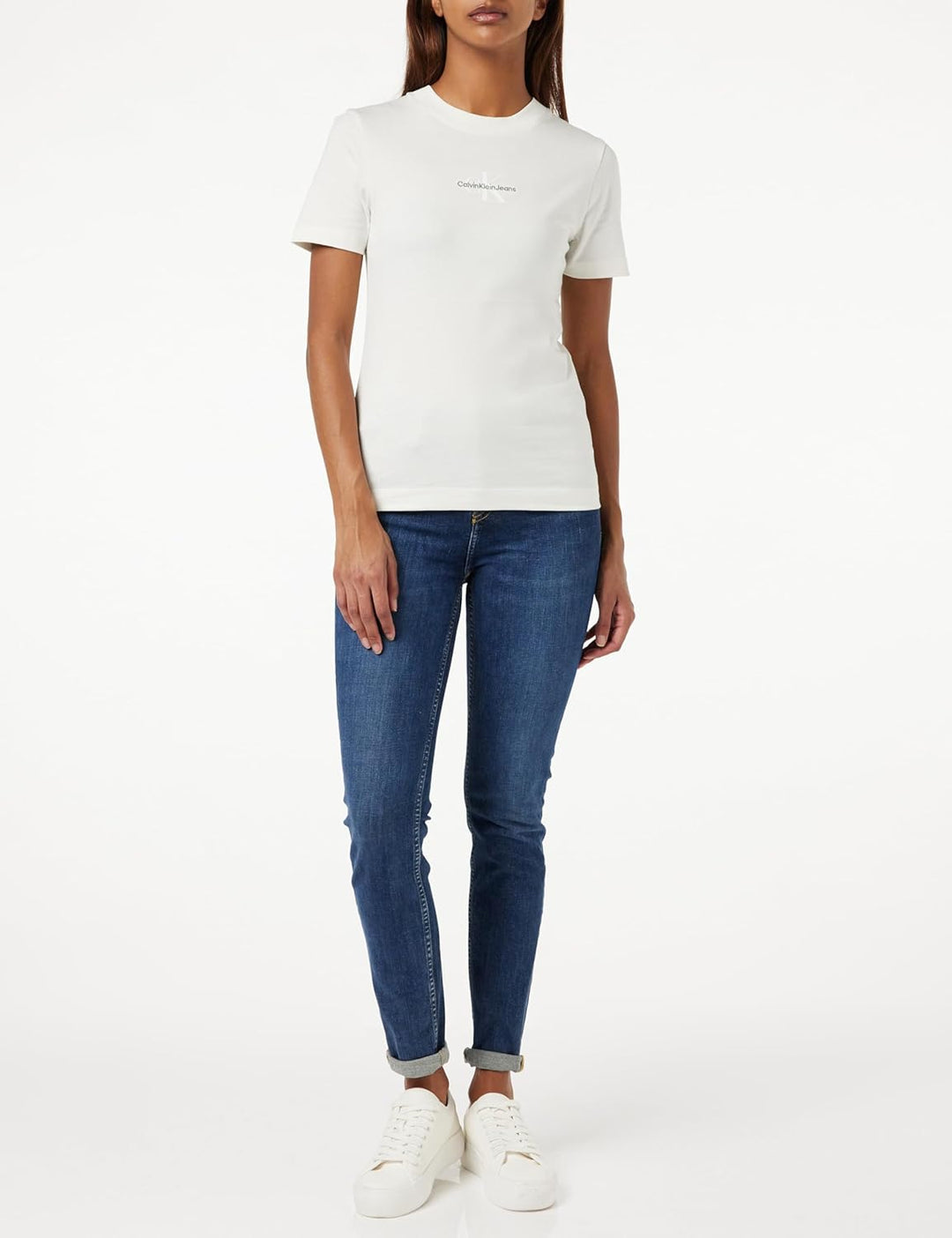 Calvin Klein Damen Monologo Slim Fit Tee J20j221426 Kurzarm Strickoberteile (1er Pack) XS Weiss (Ivo