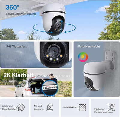 Tapo C51A 2K WLAN Überwachungskamera Aussen, 360° Schwenk-/Neige, Vollfarbige Nachtsicht, Personener