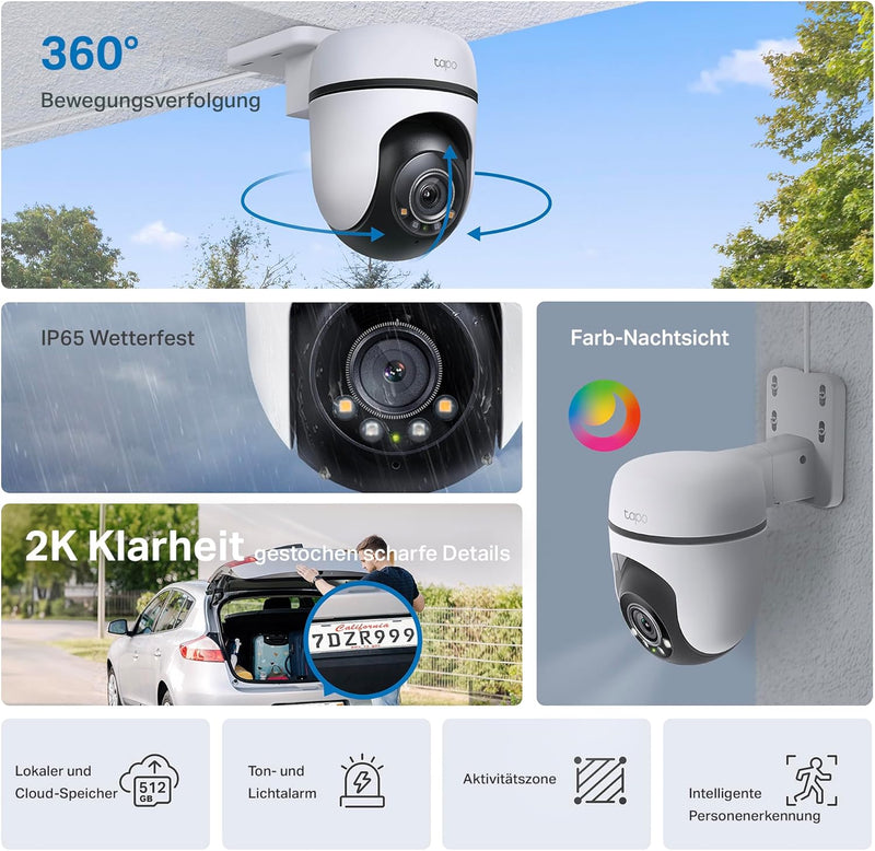 Tapo C51A 2K WLAN Überwachungskamera Aussen, 360° Schwenk-/Neige, Vollfarbige Nachtsicht, Personener