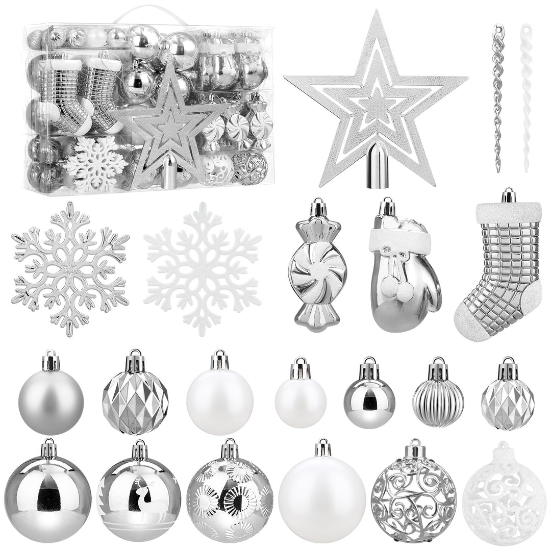 SOLEDI® 128er Set Premium Weihnachtskugeln Kunststoff Silber Weiss mit Baumspitze Stern - Robuste un