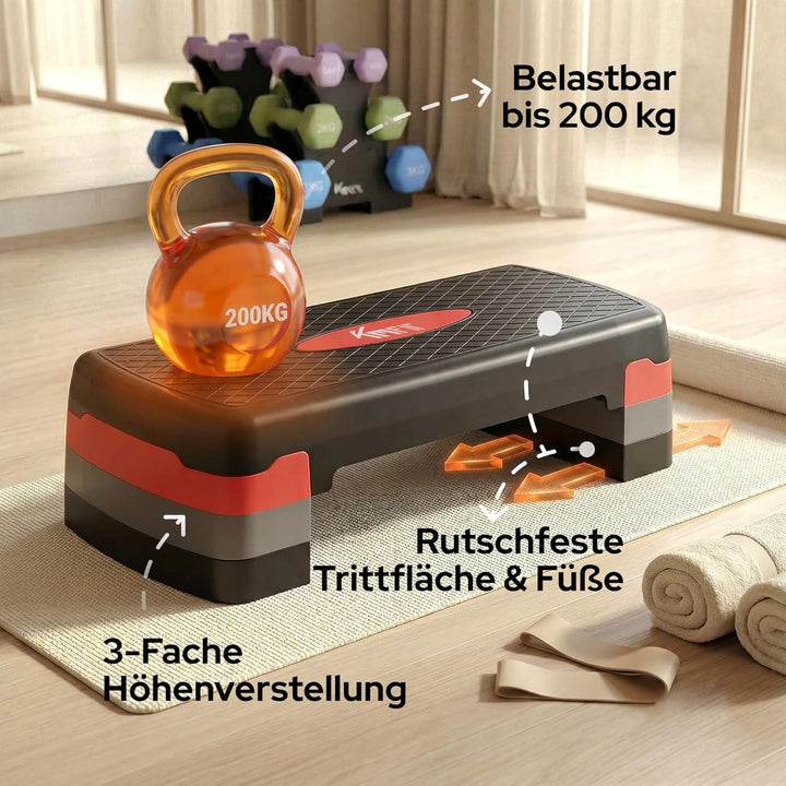 KM-Fit Fitness Stepper | Steppbrett Aerobic Stepper für zuhause | Step-Bench 3-fach höhenverstellbar