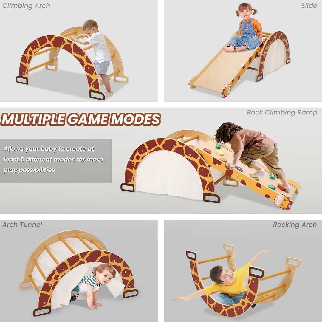 Klettergerüst Indoor mit Bogen, Rutsche, Schaukelstuhl, 4-in-1 Montessori Kletterbogen für Kleinkind