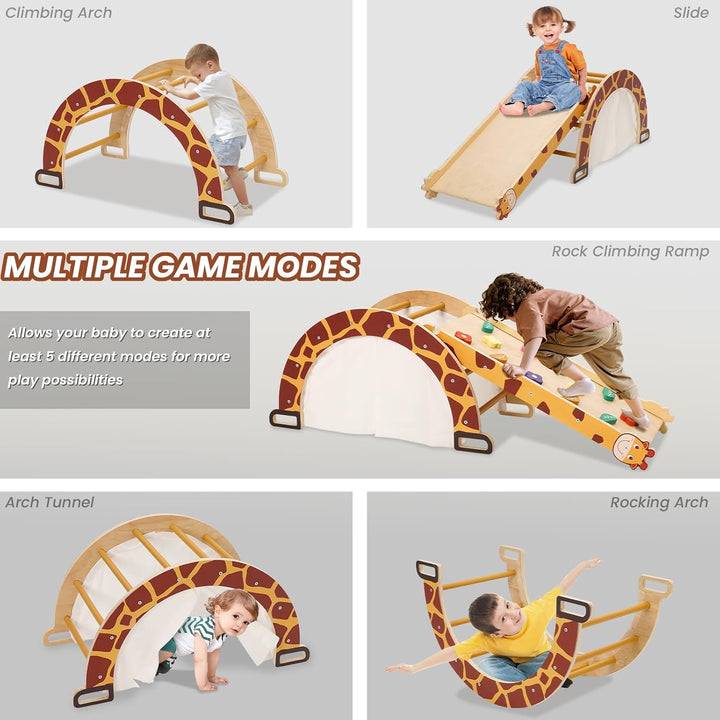 Klettergerüst Indoor mit Bogen, Rutsche, Schaukelstuhl, 4-in-1 Montessori Kletterbogen für Kleinkind