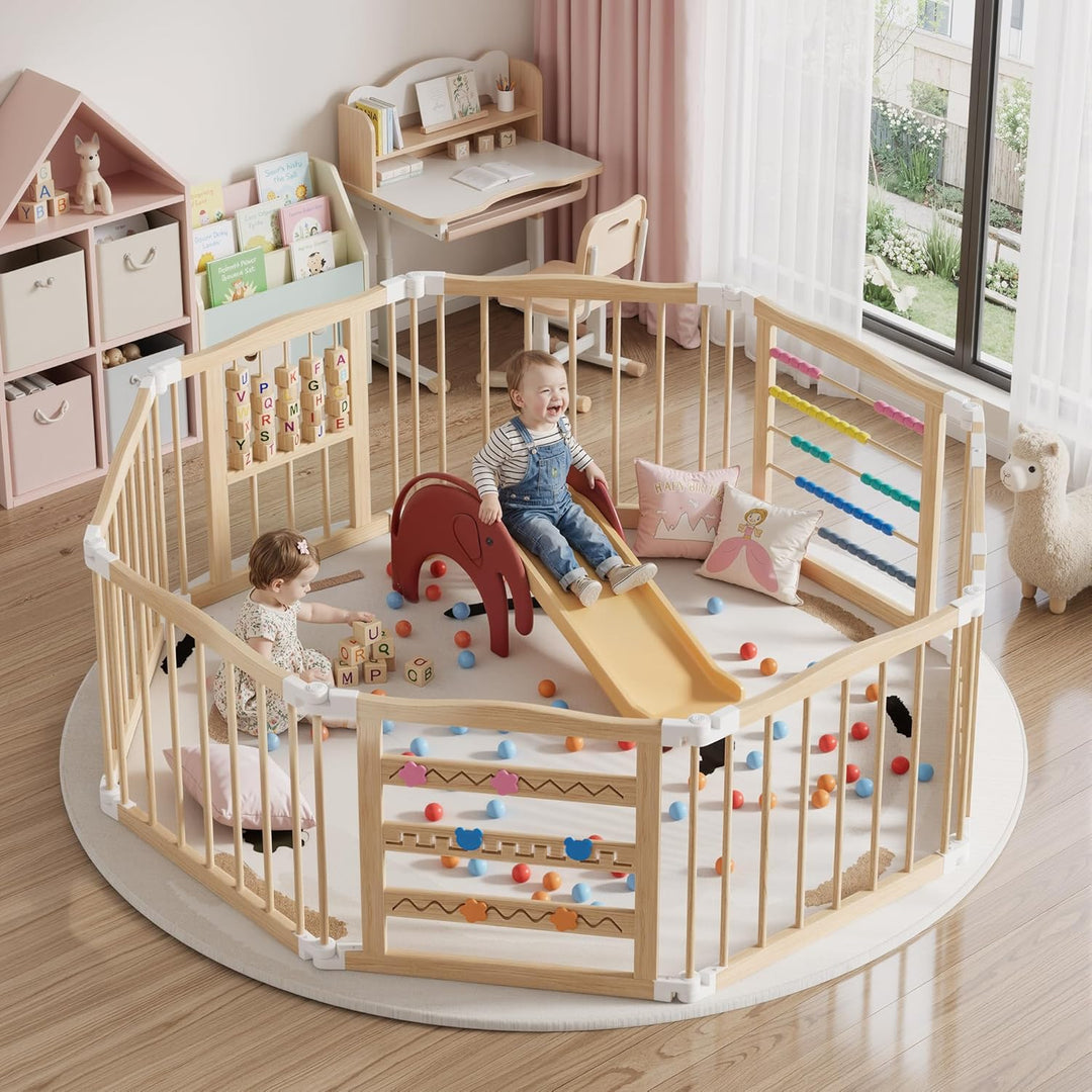 MSFE Laufstall Baby Faltbar Holz,8 Paneele Wooden Baby Playpen Verstellbare Multi-Shape & Grösse mit
