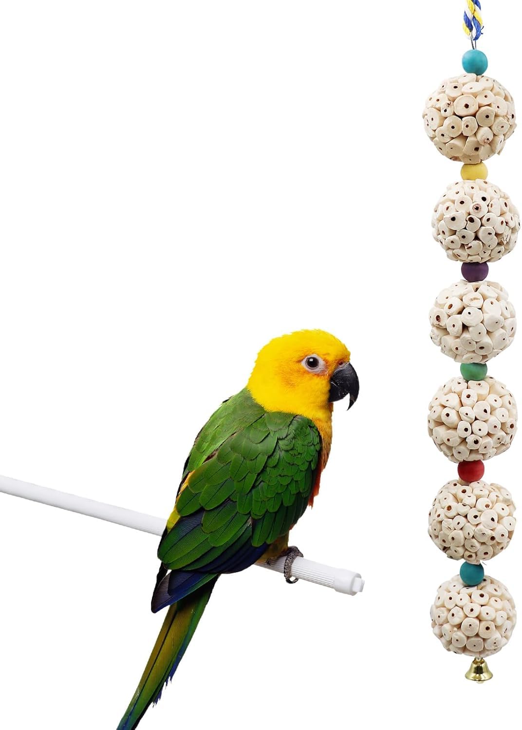 Dnoifne Vogel Kauspielzeug mit Sola Holzball &amp; Glocke – Naturkäfigzubehör für Papageien, Wellensitti