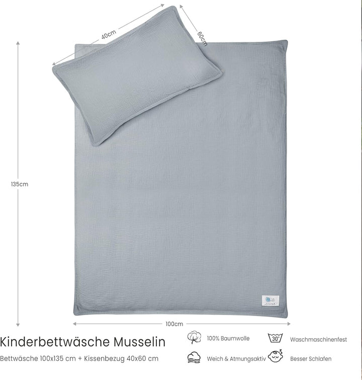 lulumoon Musselin Kinderbettwäsche 100x135: Bettbezug 100x135 + Kissenbezug 40x60cm aus Baumwolle –