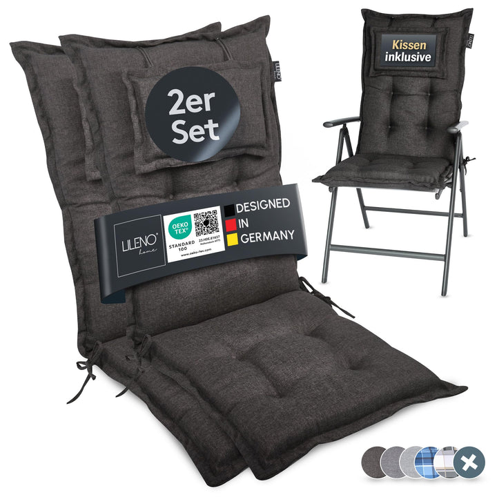 LILENO HOME Gartenstuhl Auflagen als [2er Set - Hochlehner] in Anthrazit Y - bequeme Liegen als Sitz
