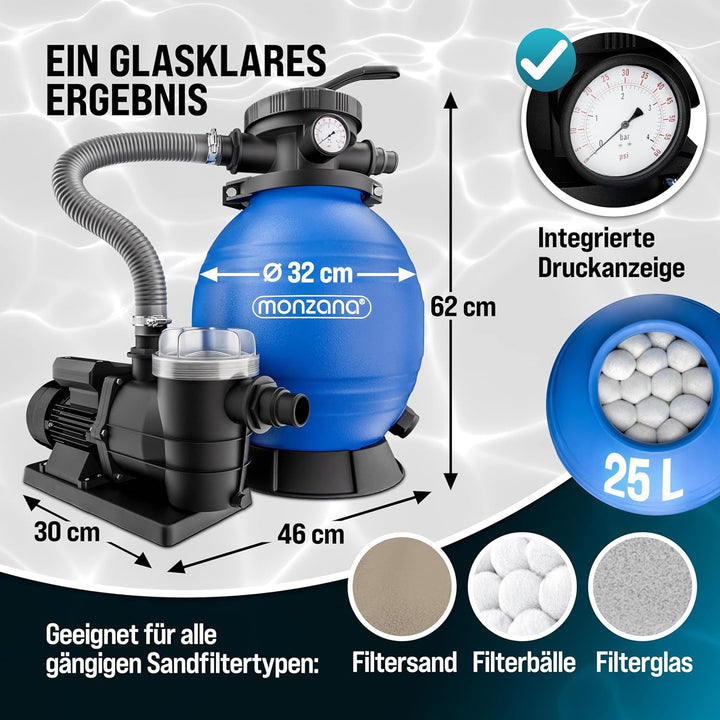 MONZANA Pool Sandfilteranlage SF96K 9600 L/h bis 30.000L | inkl. Filterglas, 7 Wege Ventil, 2in1 Ada