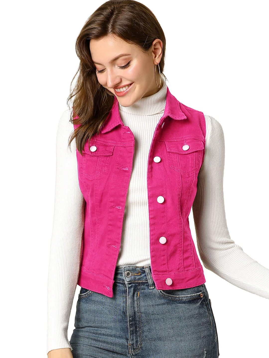 Allegra K Damen Jeansweste Ärmellos Knopfleiste Denim Rever Jacke Westen mit Taschen S Fuchsie, S Fu