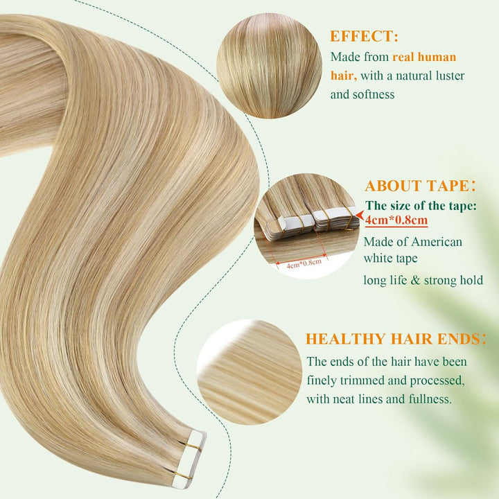 Easyouth Remy Tape in Extensions Echthaar Adhesive on Haar Farbe Honigblond Mix Gelbblond 16 Zoll 40