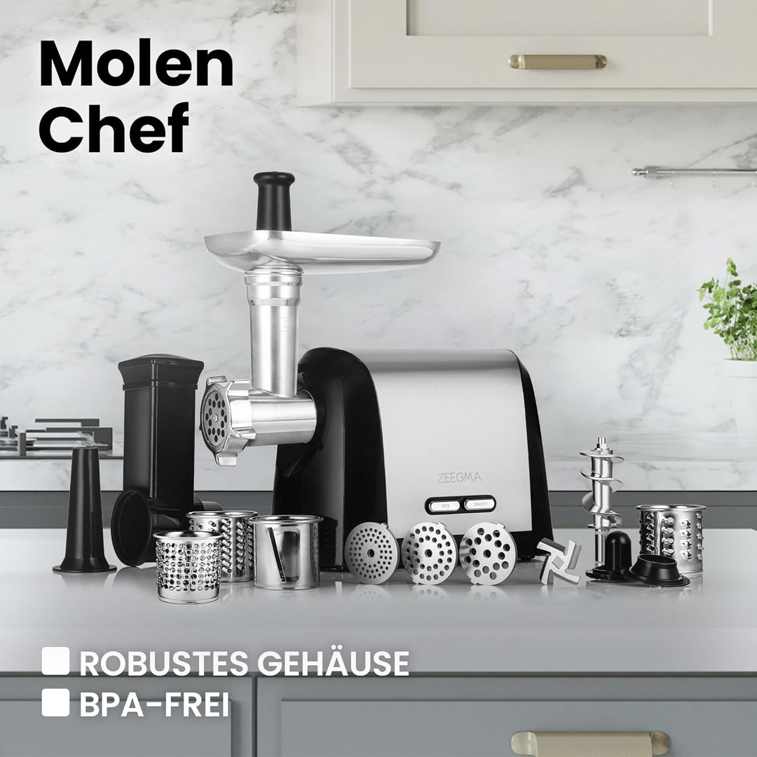ZEEGMA Molen Chef Elektrischer Fleischwolf, 1900 W mit 3 Schleifplatten aus Edelstahl, 3 kg/min, Wur