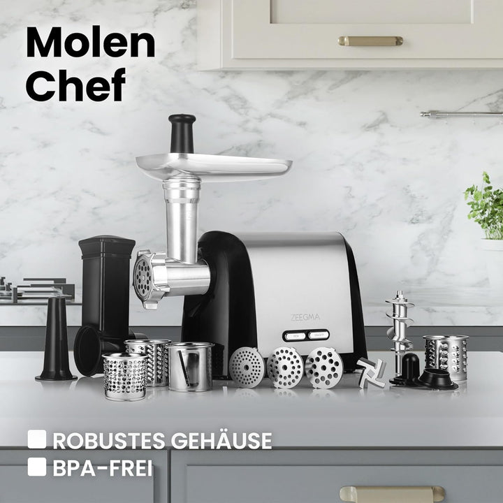ZEEGMA Molen Chef Elektrischer Fleischwolf, 1900 W mit 3 Schleifplatten aus Edelstahl, 3 kg/min, Wur