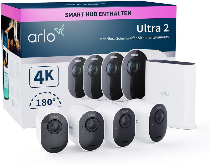 Arlo Ultra 2 4K IP Überwachungskamera Aussen, 4er Set | Qualitätsprodukt | Kabellos | Mit Licht | Fa