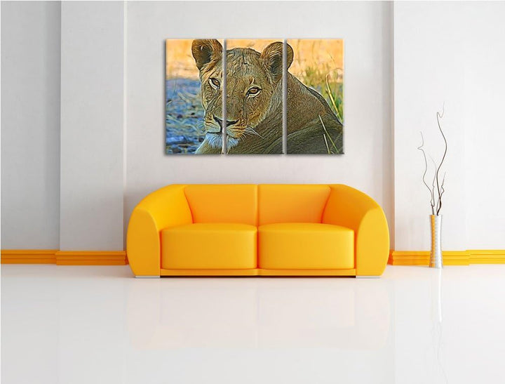 schöne Löwin im Wildgras NewArt 3-Teiler Leinwandbild 120x80 Bild auf Leinwand, XXL riesige Bilder f