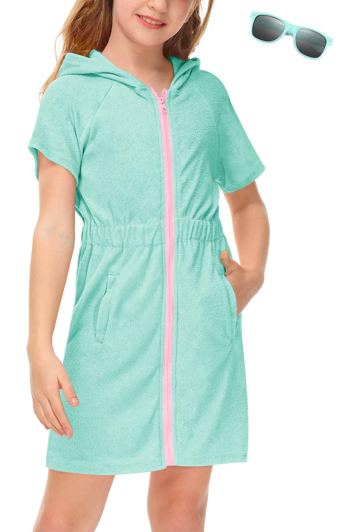 BesserBay Kinder Badeponcho Kapuze mit Taschen Frottee Bademantel Elastischer Bund Zip Surf Poncho H