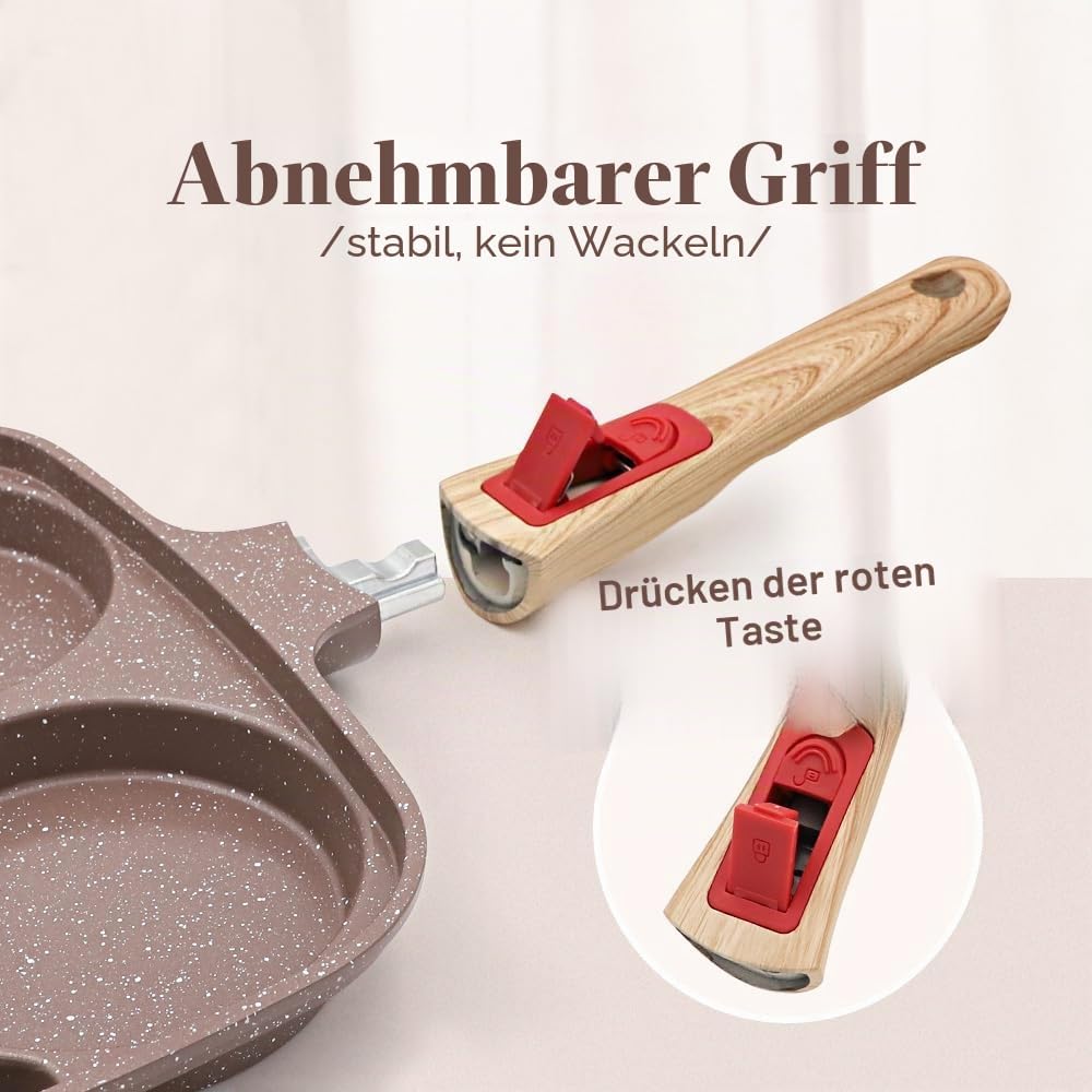 Spiegeleipfanne mit Deckel 3 Loch, 26cm Antihaft Keramikbeschichtung Grillpfanne Dreigeteilt Pancake