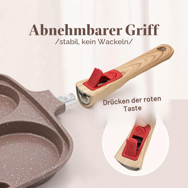 Spiegeleipfanne mit Deckel 3 Loch, 26cm Antihaft Keramikbeschichtung Grillpfanne Dreigeteilt Pancake