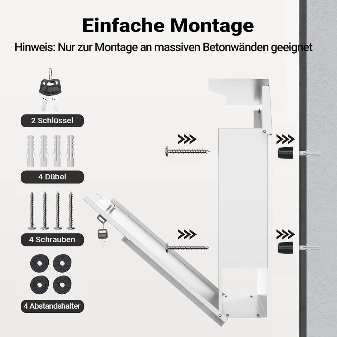 Wiltec Designer Briefkasten V19 weiss 370 x 102 x 370 mm, Wandbriefkasten mit Schloss und Zeitungsro