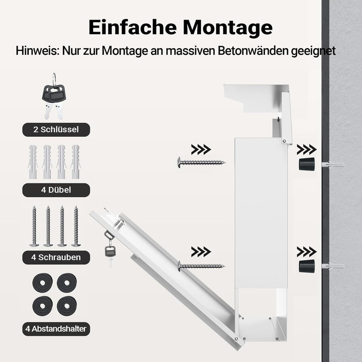 Wiltec Designer Briefkasten V19 weiss 370 x 102 x 370 mm, Wandbriefkasten mit Schloss und Zeitungsro