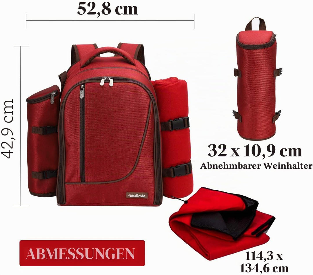 apollo walker 4 Person Picknick Rucksack Hamper Kühltasche mit Geschirr Set & Decke Rot-4