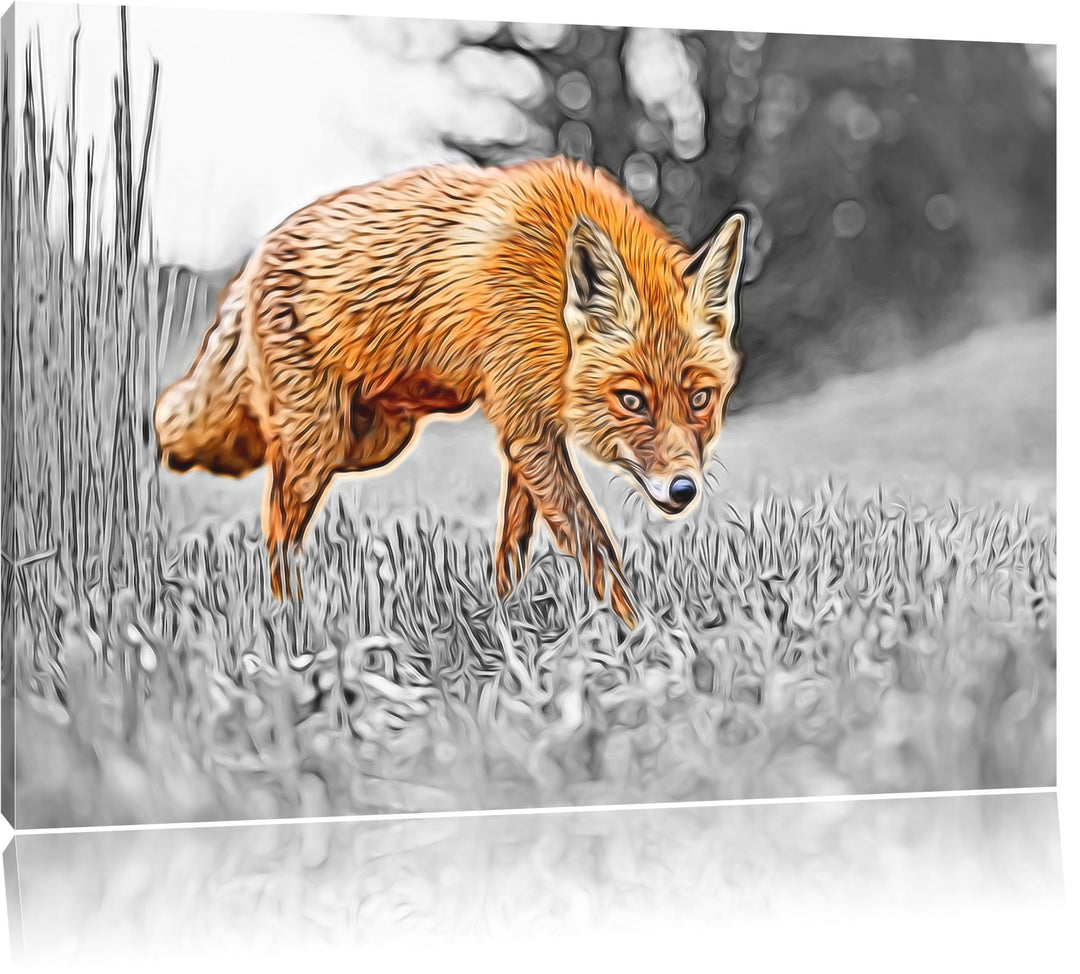 Fuchs im Wald Natur, USA Bild auf Leinwand, XXL riesige Bilder fertig gerahmt mit Keilrahmen. Kunstd