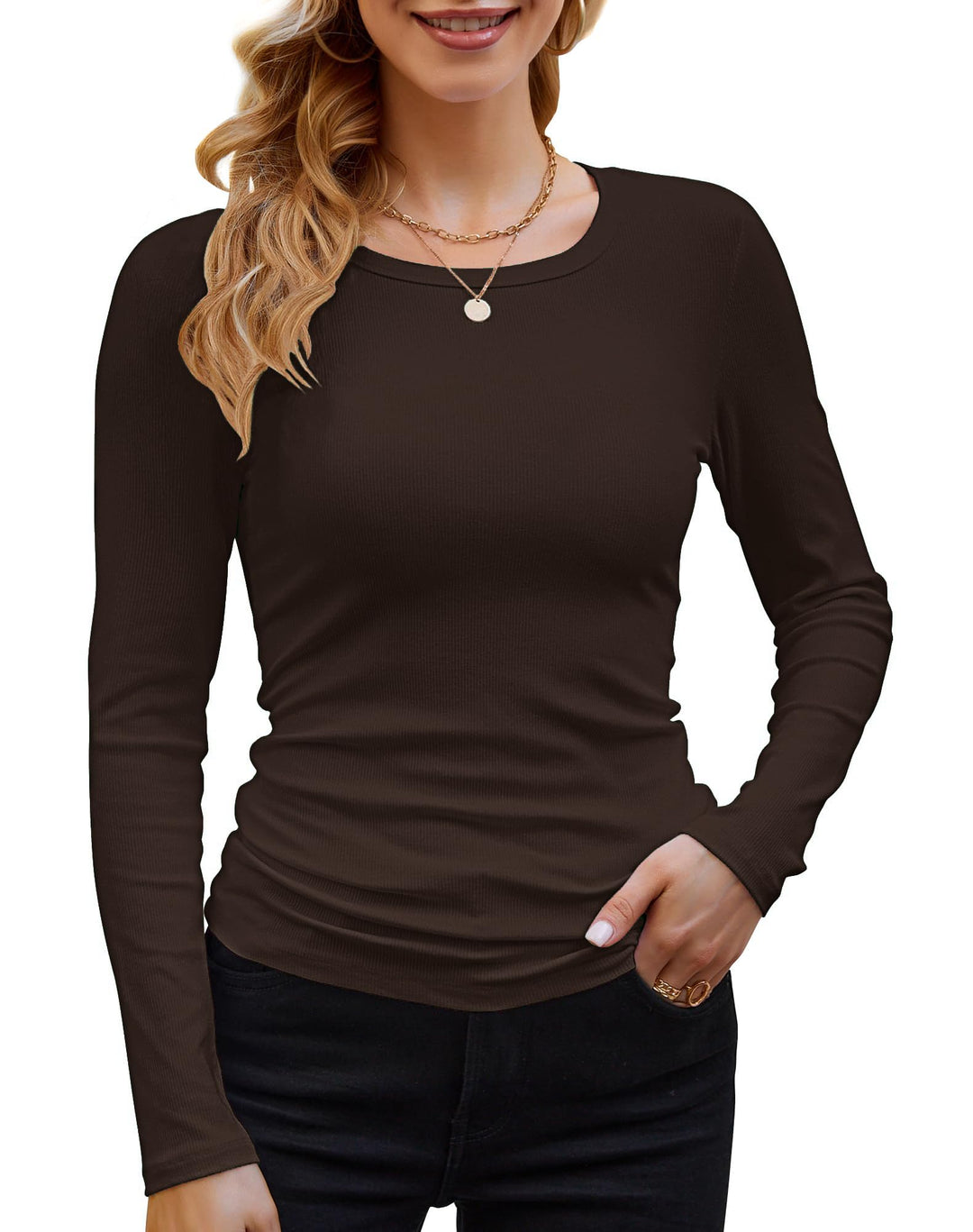 Langarmshirt Damen Rundhal Pullover Elegant Langarm Oberteile Rippshirt Tshirts Basic Tops Braun XS,