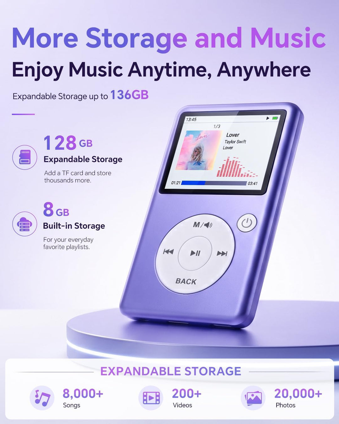 MP3 Player Bluetooth 5.3 mit Video, Hörbüchern, FM Radio und Touch Wheel