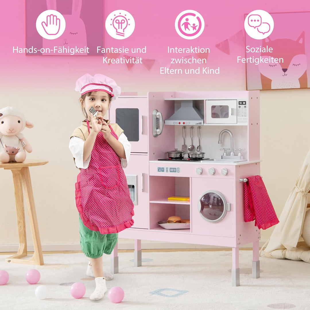 COSTWAY Kinderküche Holz, Spielküche mit Licht und Sound, Holzküche mit Tafel, Mikrowell, Spüle, Ofe