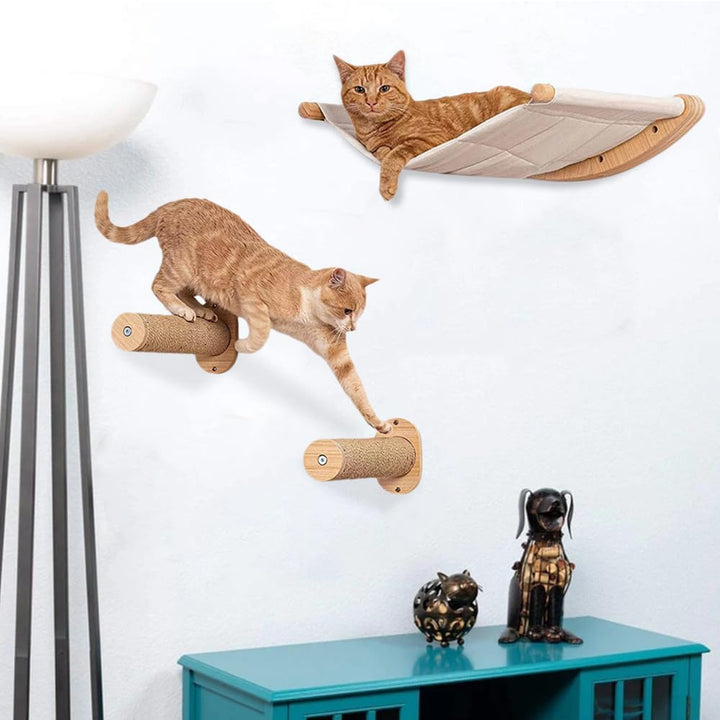 Kletterwand Katzen, inkl 2 Katzentreppe Wand, Katzen Hängematte, Katzen Fensterliege mit Saugnapf, K