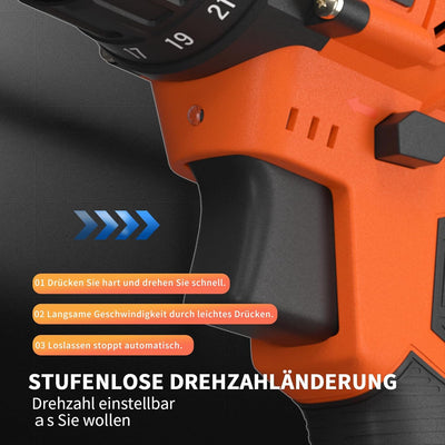 VickyHome 21V Akku-Schrauberbohrer mit 2x1500 mAh Akku, 0-400/0-1400U/min Einstellbare Geschwindigke