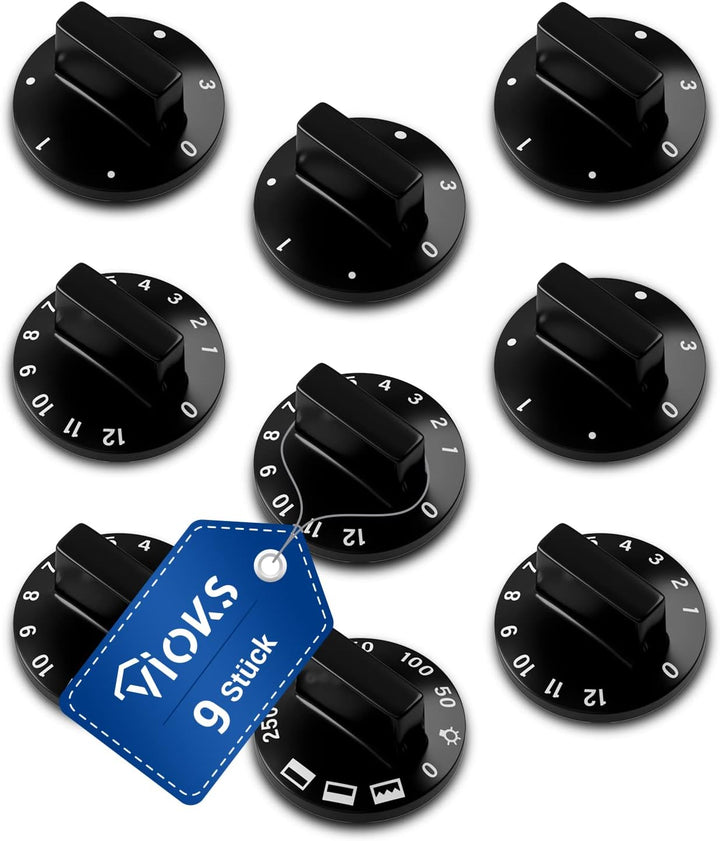 VIOKS Drehknopf Herd Knebel 52mmØ Set - 9x Herd Knopf Schwarz & Herd Ersatzteile Drehknopf 6mm Achse