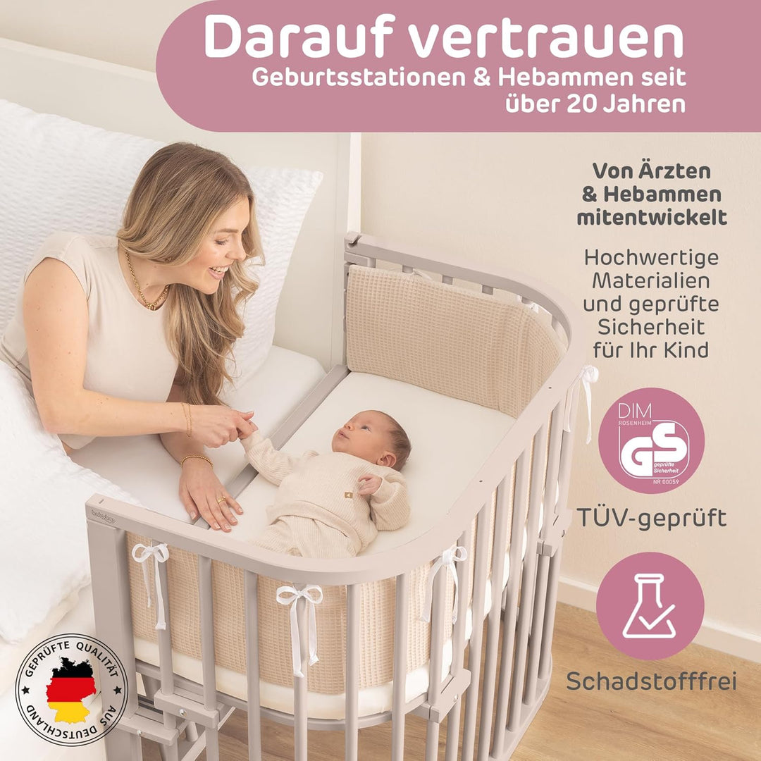 babybay Maxi Comfort Plus Beistellbett & Stubenwagen aus massivem Buchenholz/Zustellbett mit Verschl