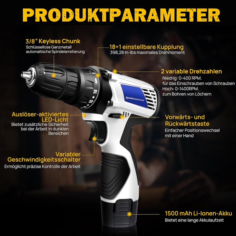 1500mAh Dual-Akku-Akku-Bohrer-Kit, Torque Rating 18+1, Drehmoment bis zu 45 Nm, 3/8" Keyless Chuck u