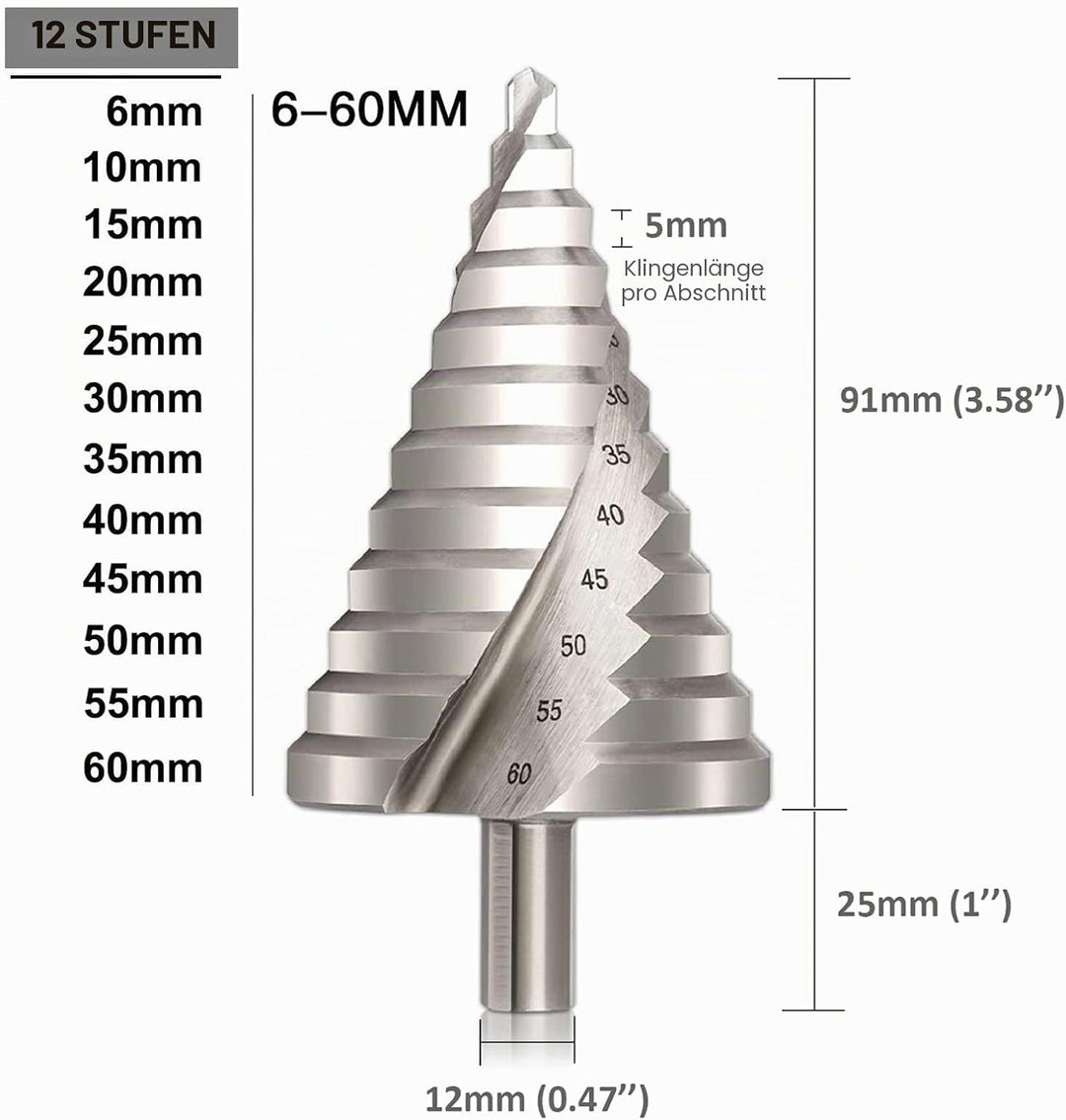 Hotiko HSS Stufenbohrer [12mm Schaft] Kegelbohrer Ø 6-60mm Schälbohrer ideal für Metall, Holz, Kunst