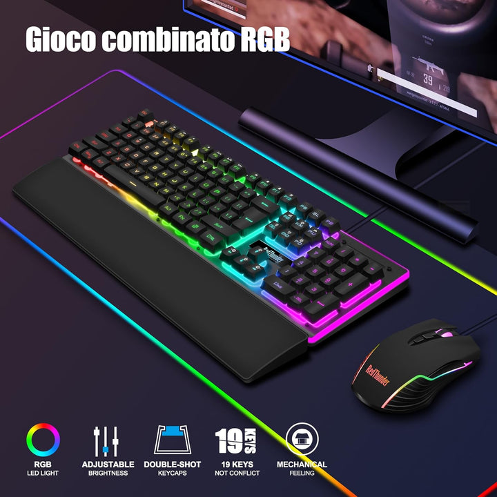RedThunder K10 Gaming-Tastatur- und Maus-Set, Layout IT Metallplatte und Handballenauflage, RGB-Hint
