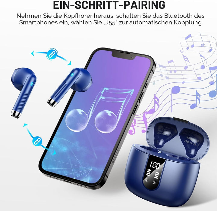 Bluetooth 5.4 Kopfhörer, In Ear Kopfhörer Kabellos mit 4 Mic, 48H Tiefer Bass Spielzeit Wireless Ear