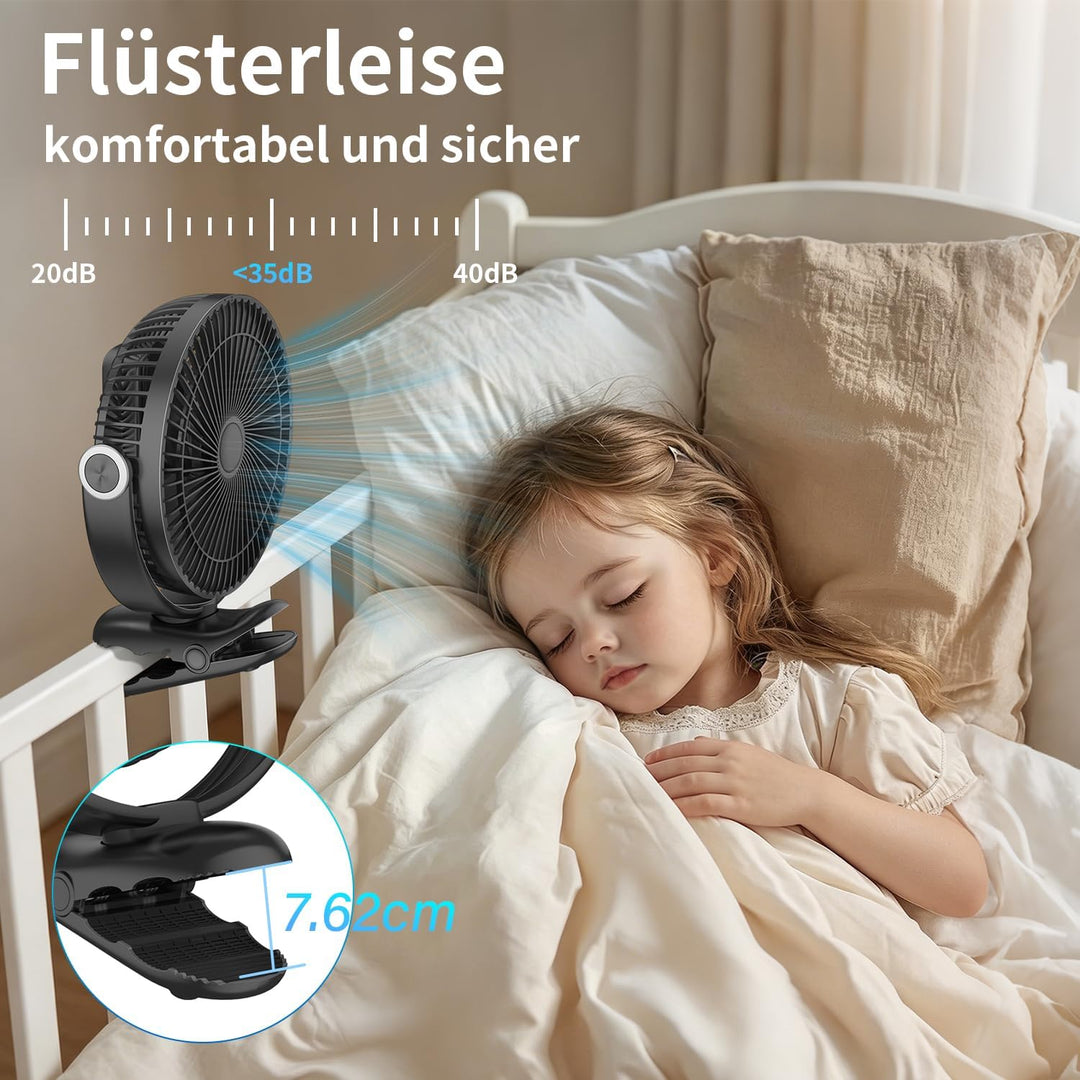 20cm Tragbarer Clip-On-Ventilator, 10000mAh Akku-Ventilator mit Clip für Kinderwagen, 720 Grad Drehu