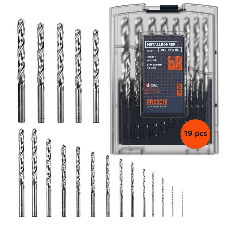 Presch Metallbohrer Set HSS Pro 19-tlg - Präzisionsgeschliffenes, gehärtetes Profi Stahlbohrer Set f