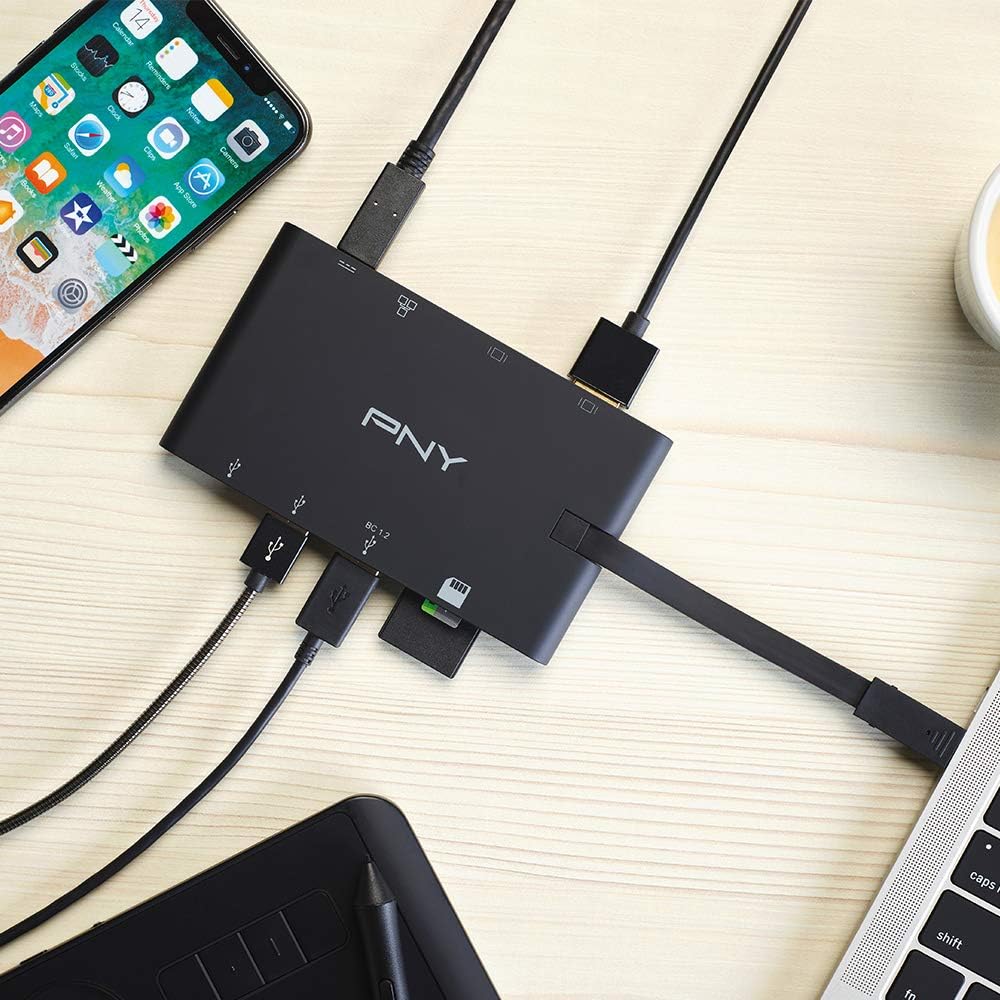 PNY All-In-One USB-C Mini Docking Station mit integriertem USB-C-Kabel mit 2xUSB-C, 2xUSB-A 3.1, 1xH